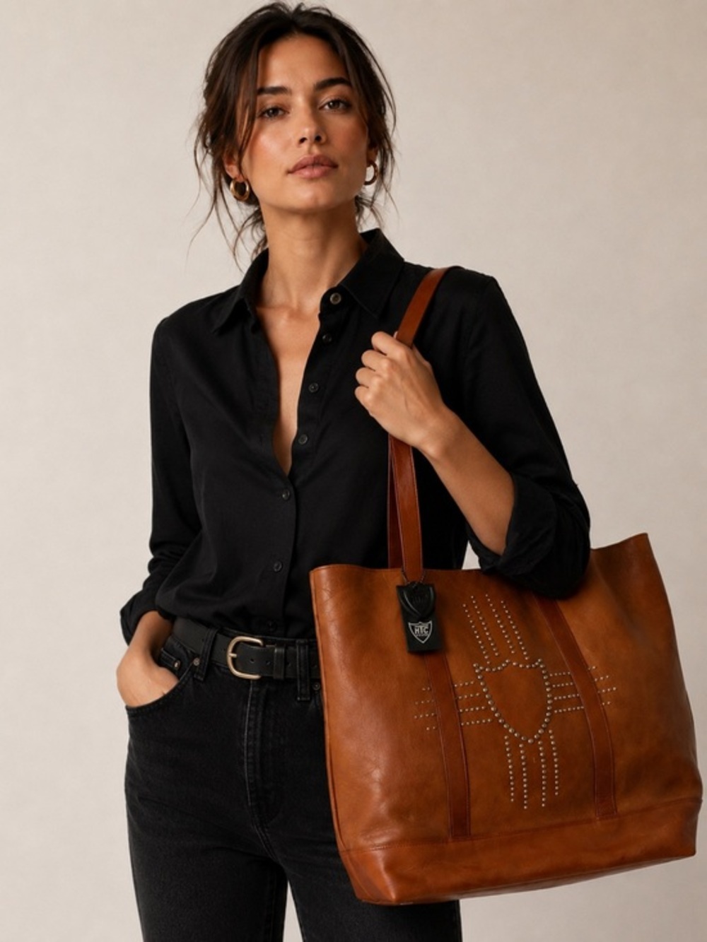 HTC “Italy” Dusty Shield - Large Leather Tote - Chesnut Studded Carryall - RARE